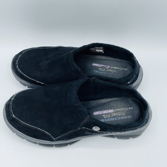 Skechers Shoes Womens Size 7.5 Black Faux Suede Mules Sneakers Memory Foam Comfy - Picture 6 of 11